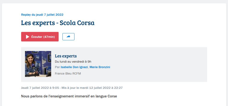 Podcast RCFM les experts du 07/07/2022 enseignement immersif en langue corse avec Scola Corsa