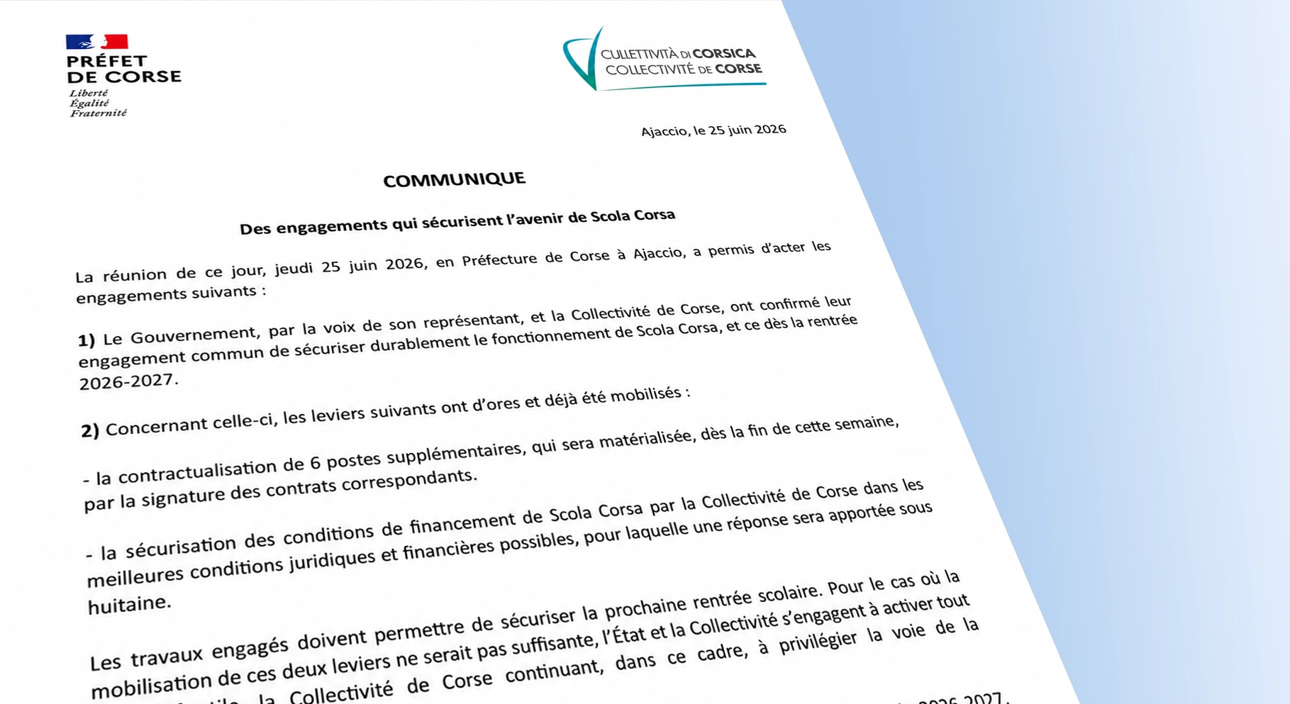 Scola corsa appelle l&rsquo;État à mettre en œuvre ses engagements signés le 25 juin